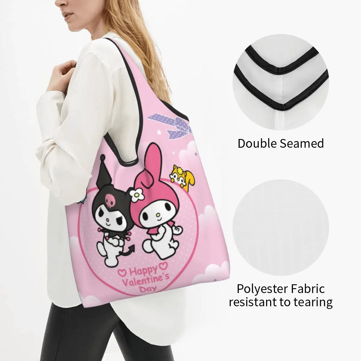 Bolsa de compras Kawaii Kuromi Sanrio Anime, bolsas ecológicas de comestibles plegables, bolsas de reciclaje de melodía de gran capacidad, bolso de mano lavable