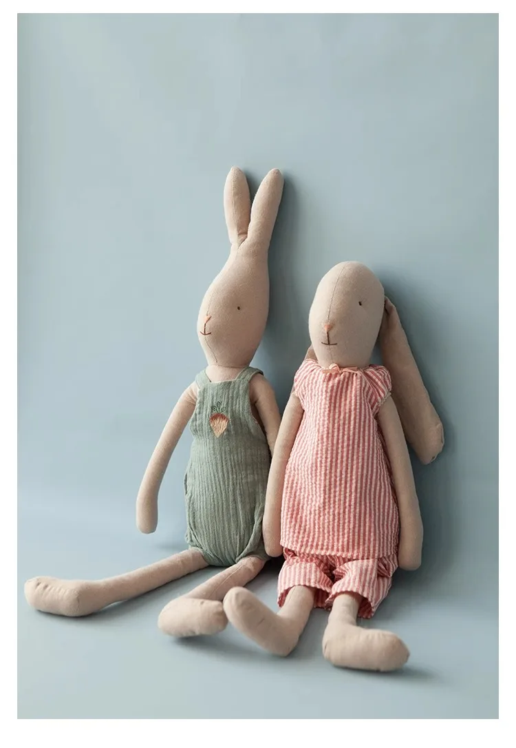 Large Lop Rabbit Cotton Toy with Removable Bib Overalls Cuddly Baby Dolls for Sleep Handmade Linen Fabric Bunny Doll For Girls