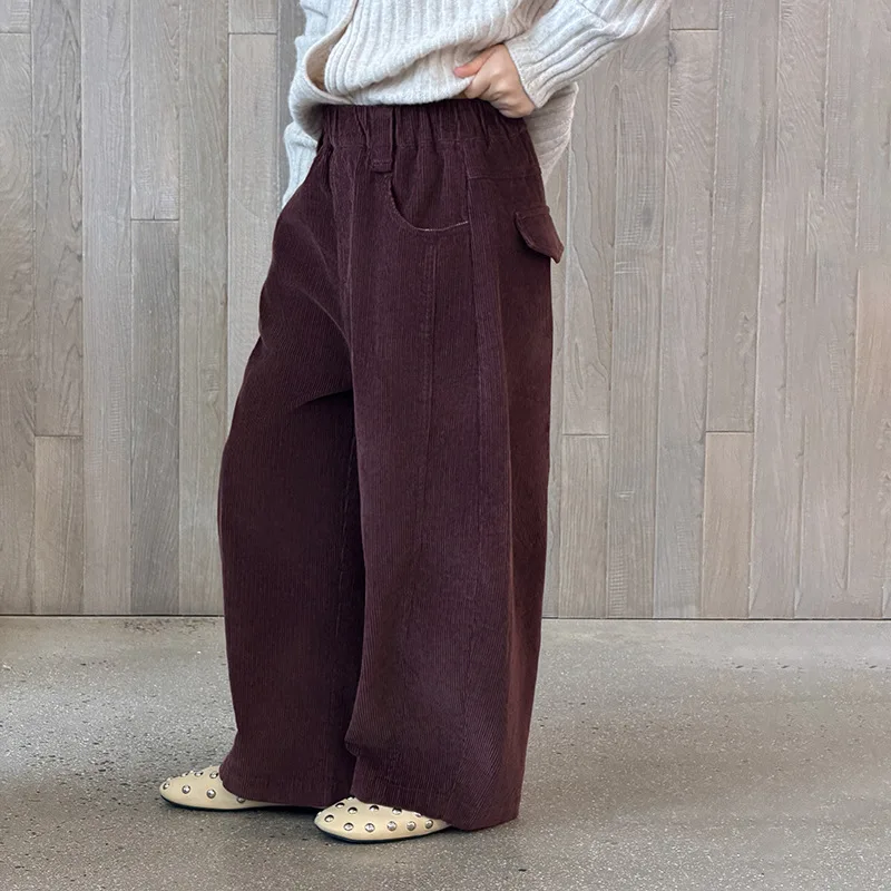 Children's Soft Vertical Washed Corduroy Spliced Wide Leg Pants for Campus Wear Resistance and Comfort, Long Pants