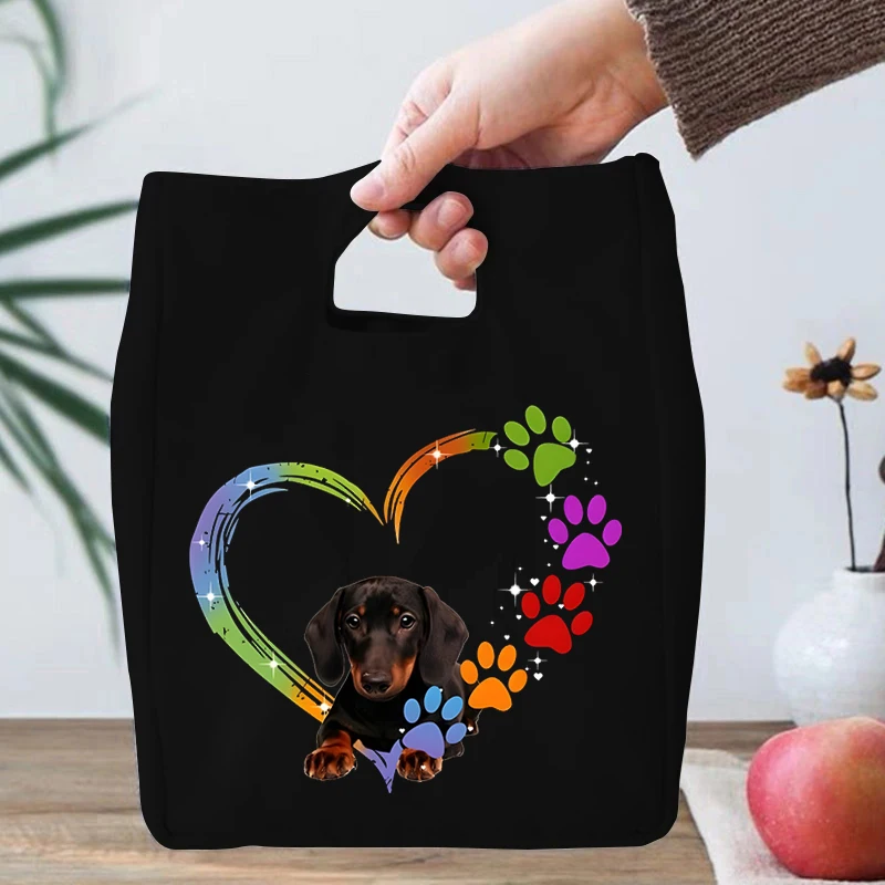 Colour Heart Dog Paw Lunch Bag for Kids Women Black Animal Paw Insulated Cooler Lunch Box for School Work Women Picnic Beach