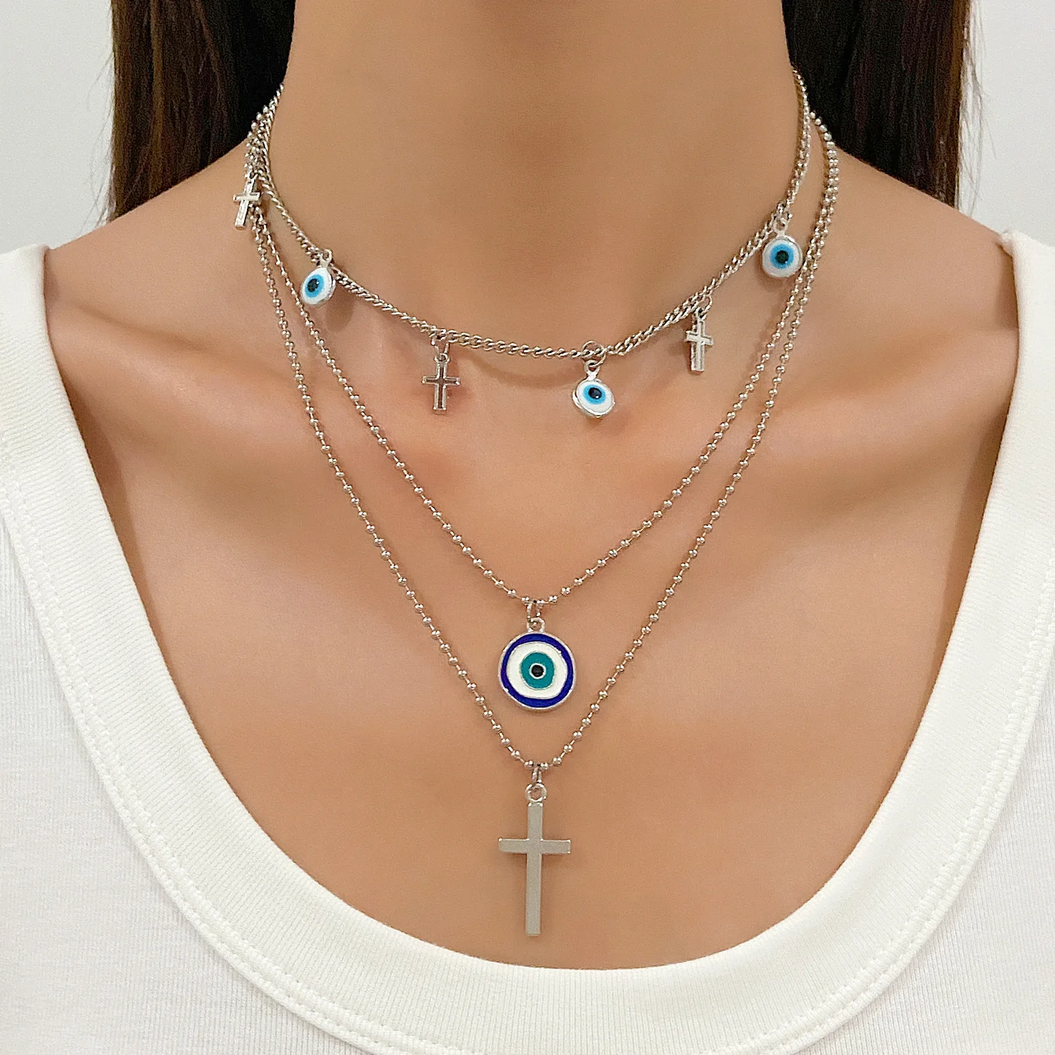 محظوظ الأزرق عيون متعددة الطبقات القلائد الكلاسيكية هاماس اليد الصليب قلادة كولير جولة التركية المسيح مجوهرات هدية للرجال النساء