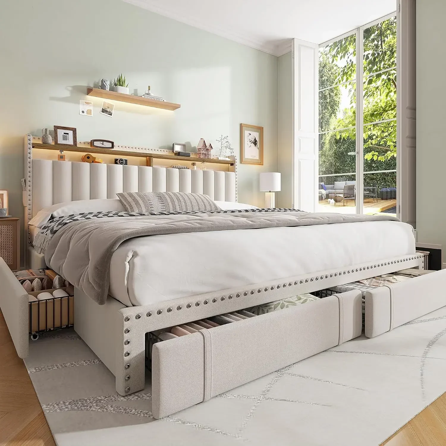 

BestsellerKing Size Bed Frame with 4 Storage Drawers, Upholstered King Bed Frame and Headboard, 2-Tier Shelves, 1200LBS for Stro