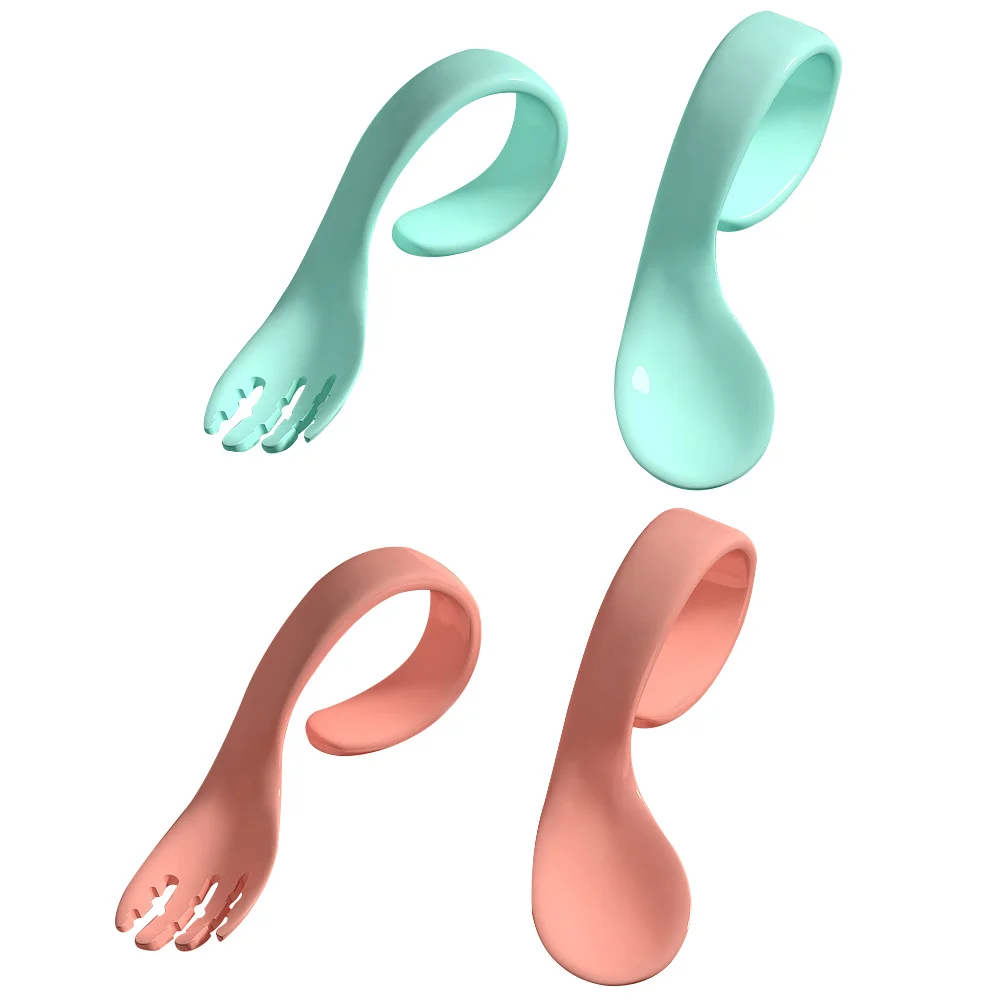 4 قطعة مجموعة أواني طفل صغير آمنة للطعام مادة البولي بروبيلين ملعقة تعليمية شوكة للطفل تغذية ذاتية تصميم مريح التعرف على الألوان