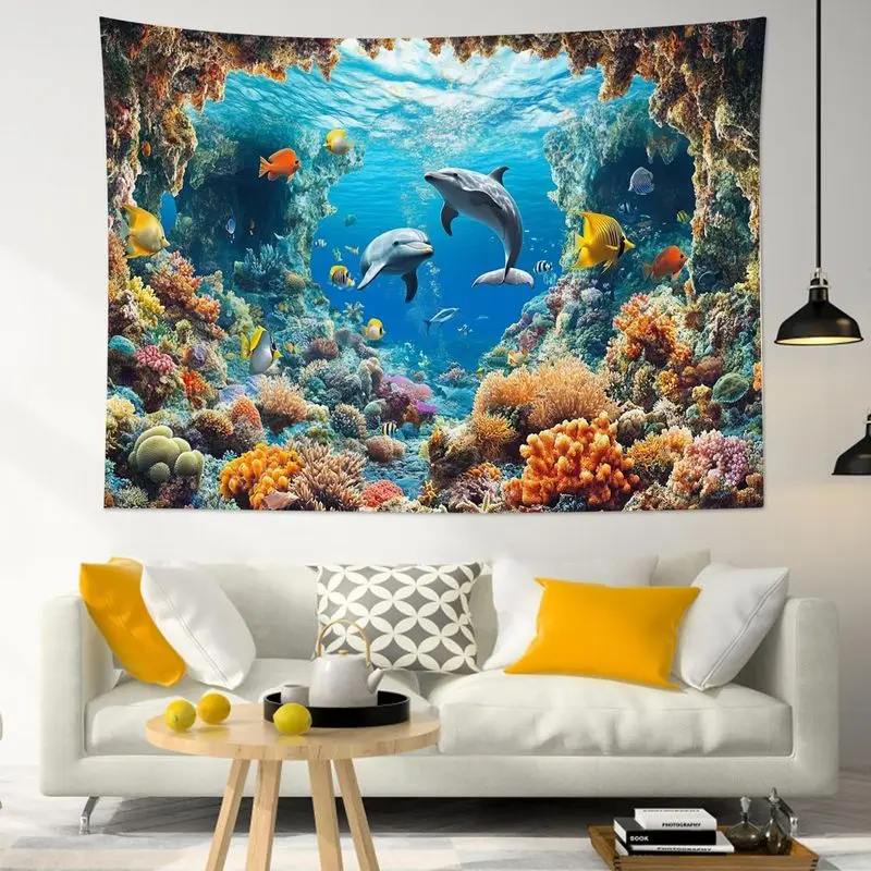 VIKAMA Cherry Butterfly Dolphin Ocean Tapestry, Bohemian Scenic Nature Wall Hanging for Bedroom Living Room Decor