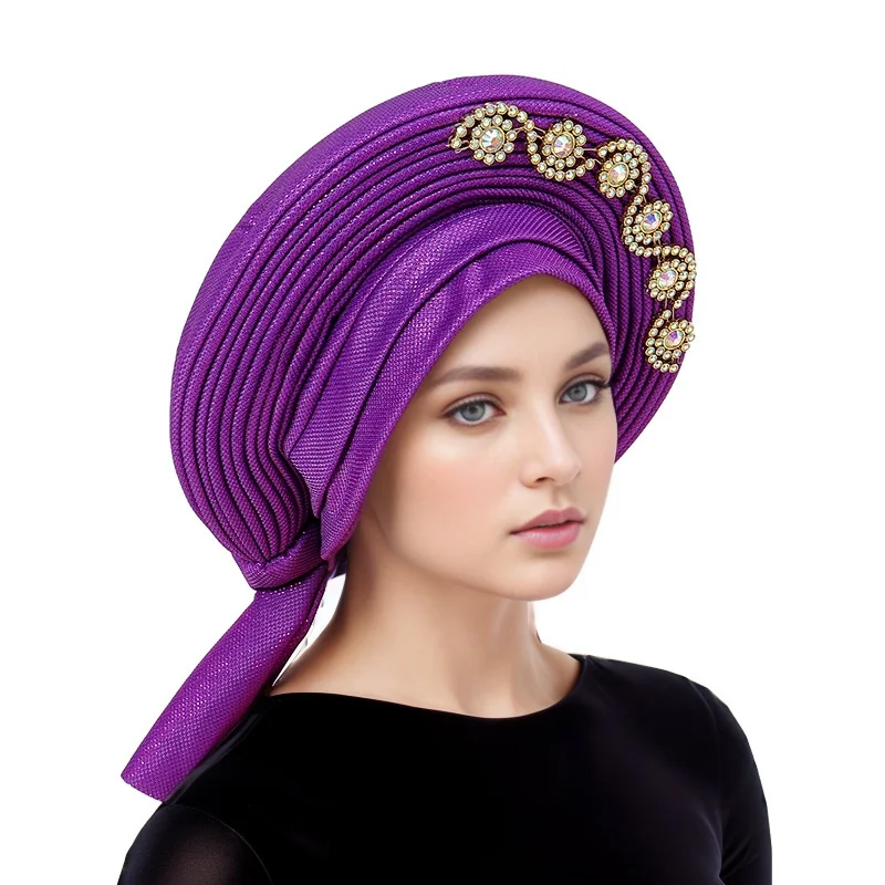 Arfica Women Diamonds Turbans Laminated Light Panel Geles Turban Muslim Headwear Sparkling Shining Nigerian Wedding Headband