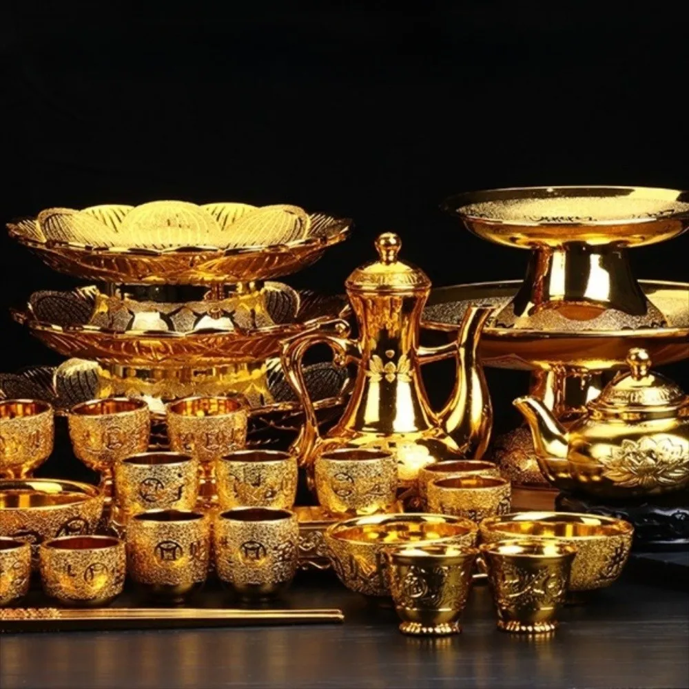 New Vintage Golden Lotus Tray Decorative Ornament Offering Plate Classic Household Fruit Tray Temple Worship