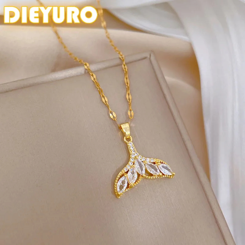 DIEYURO 316L Stainless Steel Fashion Golden Mermaid Tail Inlaid Crystal Pendant Necklace Girl New Clavicle Chain Jewelry Gift