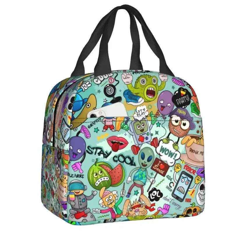 Bizarre Cartoon Characters Alien Graffiti Lunch Bag Cooler Thermal Insulated Lunch Box For Kids School Beach Food Tote Bags