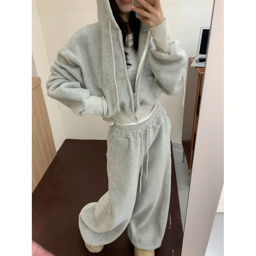 

Корейский шикарный женский свитер с капюшоном и двойной молнией Thiened Fce, топ и широкие брюки, комплект из двух предметов, зимняя мода