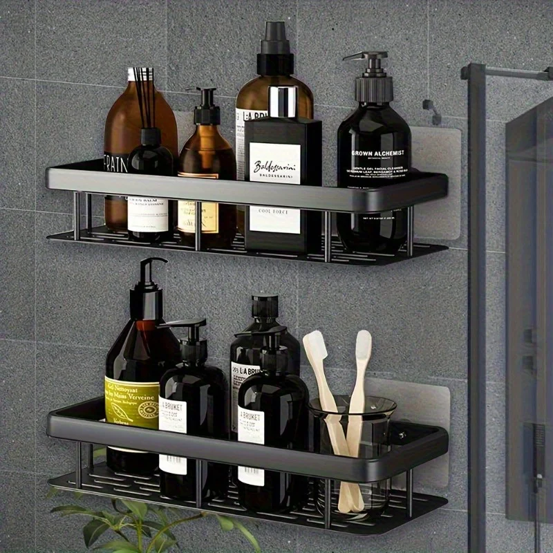 2 Stück Schwarze Wandmontierte Aufbewahrungsregale aus Kunststoff, Nicht Perforiertes Sortierregal mit Haken, für Badezimmer, Küche, Eckregal