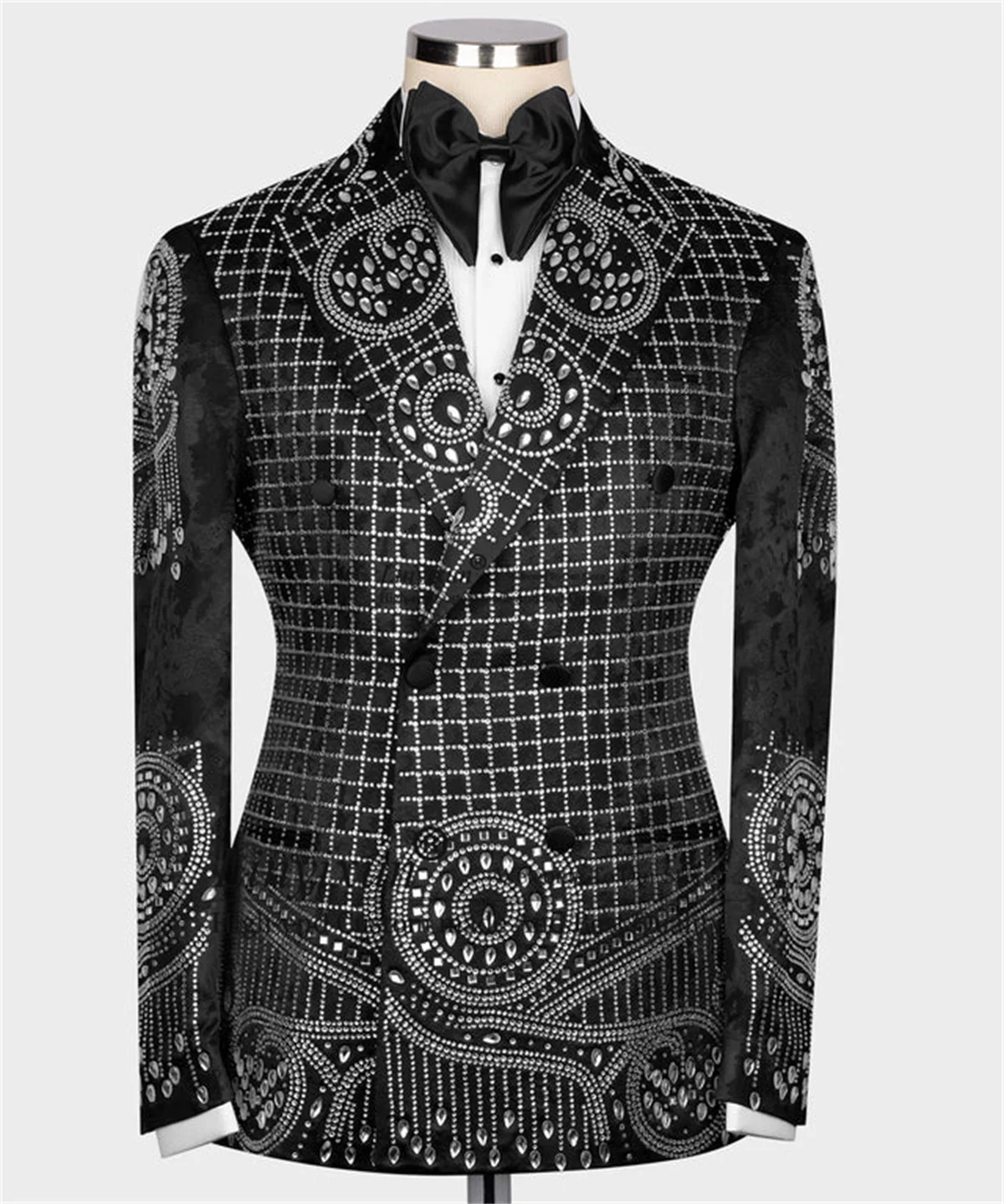 

Stunning Rhinestone Crystal Men Suits Customized Groom Tuxedos 3 Pieces Sets Male Prom Party Blazers Jacquard trajes para hombre