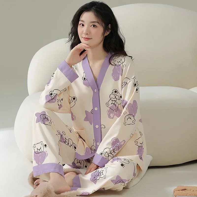 2024 New Pure Cotton Pajamas Women's Spring Autumn Cute Cotton Loungewear Cardigan Long Sleeved V-neck Stripe Loose Homewear