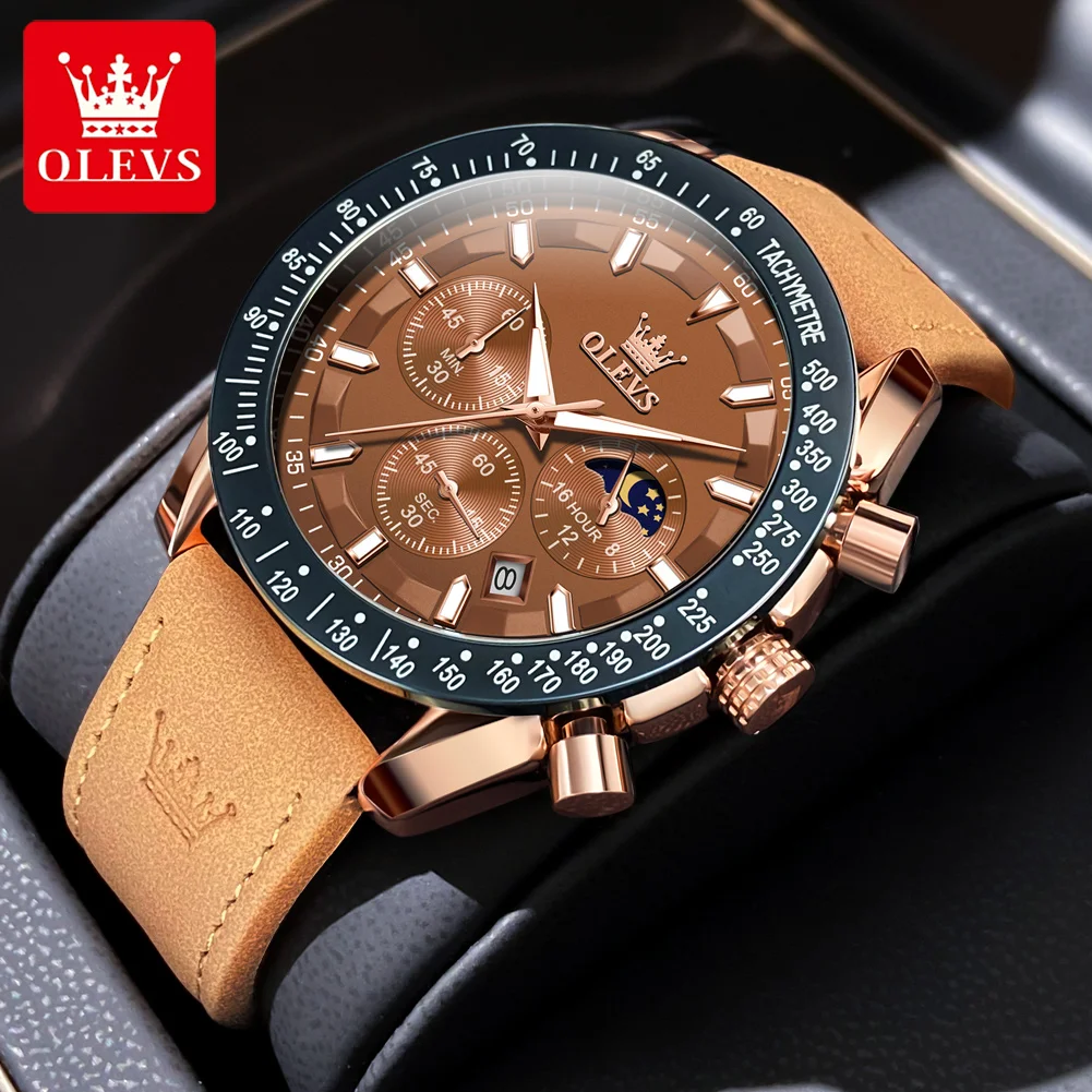 OLEVS Men's Watches Luxurious Leisure Fashion Multifunctional Quartz Wristwatch Waterproof Luminous Leather Strap Watch for Men