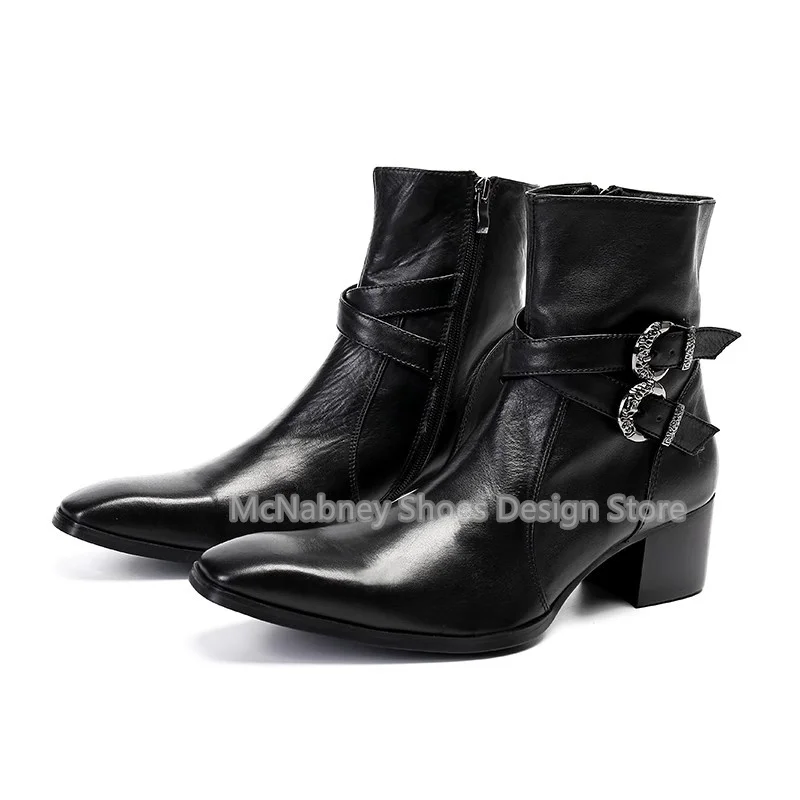 

Gentleman Party Dress Shoes Fashion Square Toe Chunky Heel Men's Mid-Calf Boots Punk Belt Buckle Decor Male Chelsea Boots