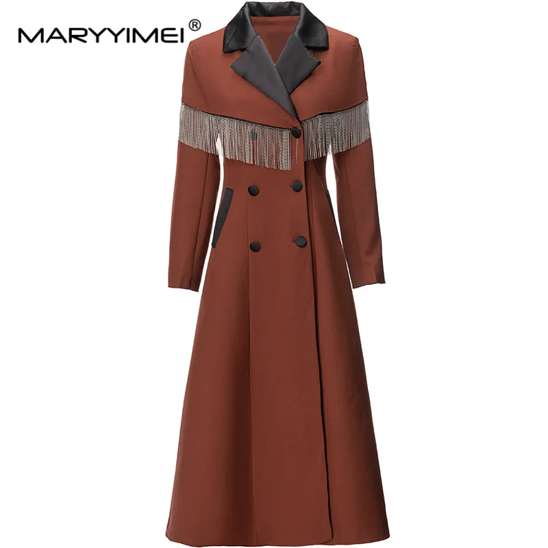 

MARYYIMEI Fashion Designer Autumn/Winter Cape Outerwear Women's Lapel Classic Double-Breasted Tassels Office Lady Trench Coat