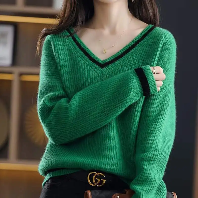 New Knitted Sweater Stylish Versatile Women's Sweater V-neck Loose Outer Wear Inner Cover Knitted Base Sweater for Women