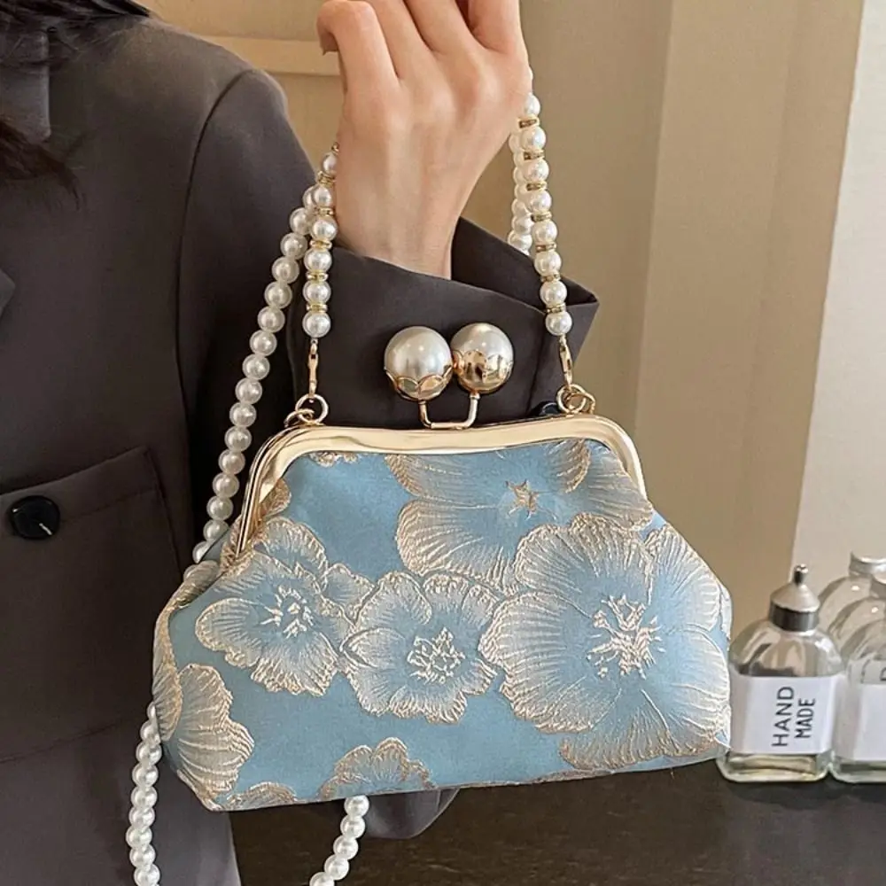 Pearl Chinese Style Handbag Kiss Lock Shoulder Embroidery Banquet Bag Elegant Cheongsam Accessories Hanfu Clutch Bag Wedding