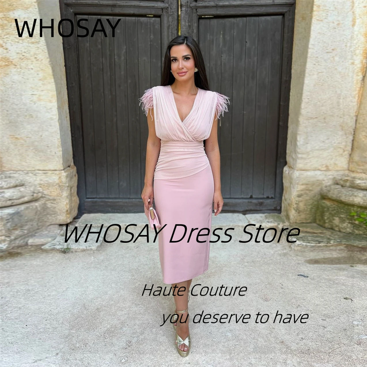 

WHOSAY Robe Des Marrige Ruched V Neck Prom Dresses with Feathers Birthday Party Club Dress Tea Length Evening Gowns