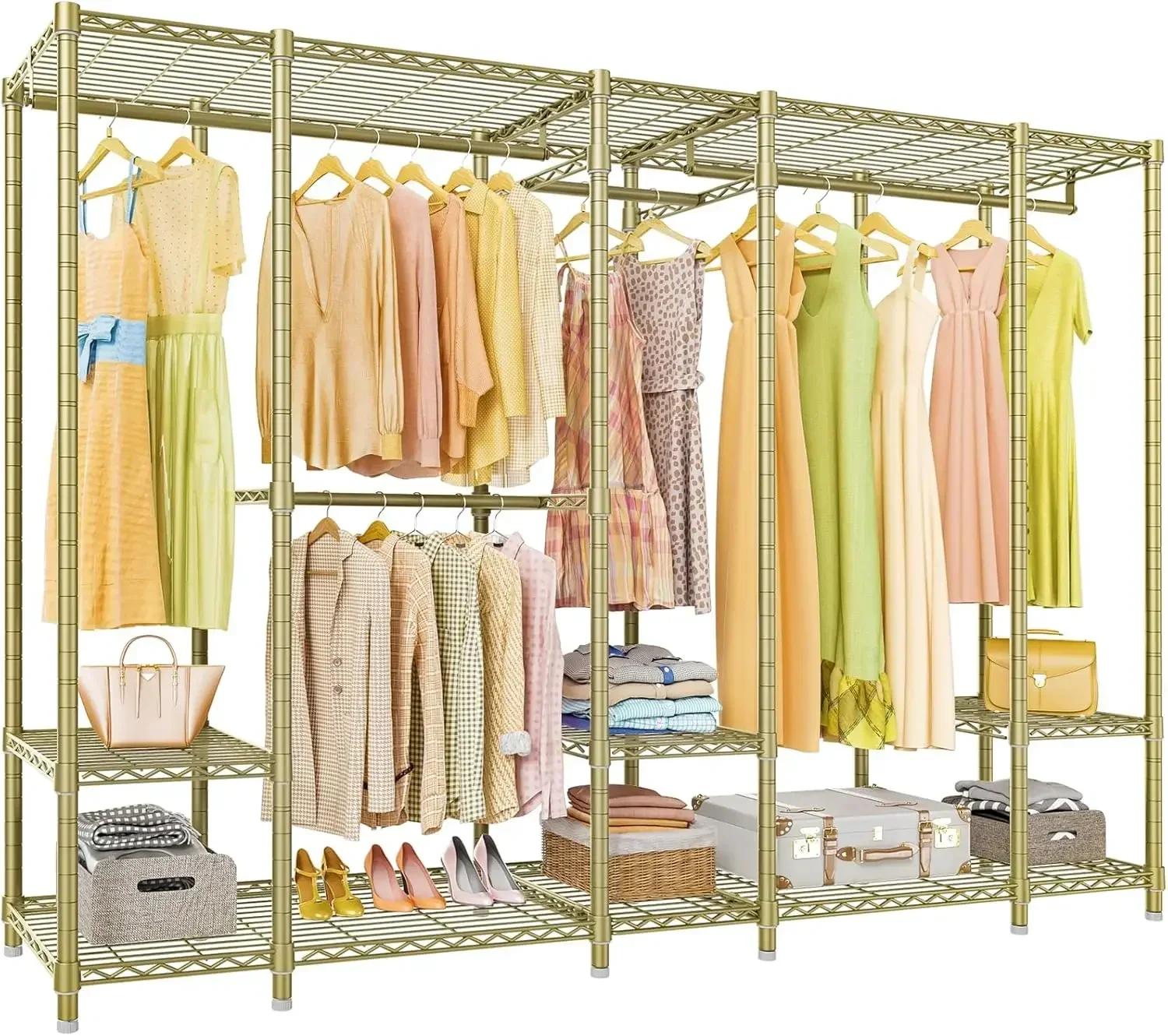 Extra Large Portable Closet Rack Bedroom Armoire Freestanding Wardrobe Closet, Heavy Duty Clothes Rack Multi-Functional ,Gold