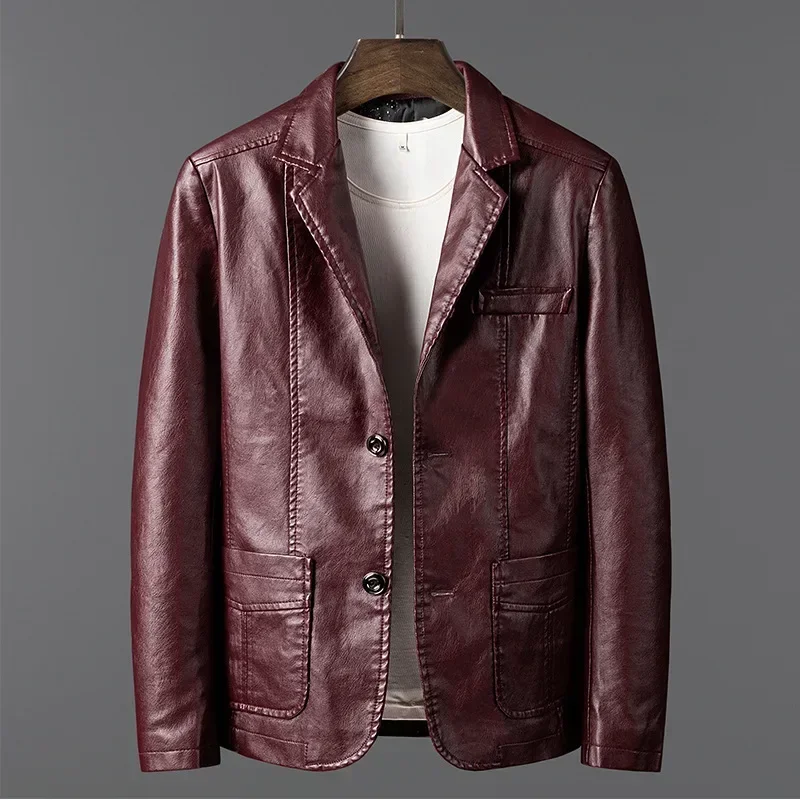 

Mens Autumn PU Leather Jackets Punk Casual Men Slim Fit Full Sleeve Coats Male Single Breasted Spliced Turn Down Collar Jacket