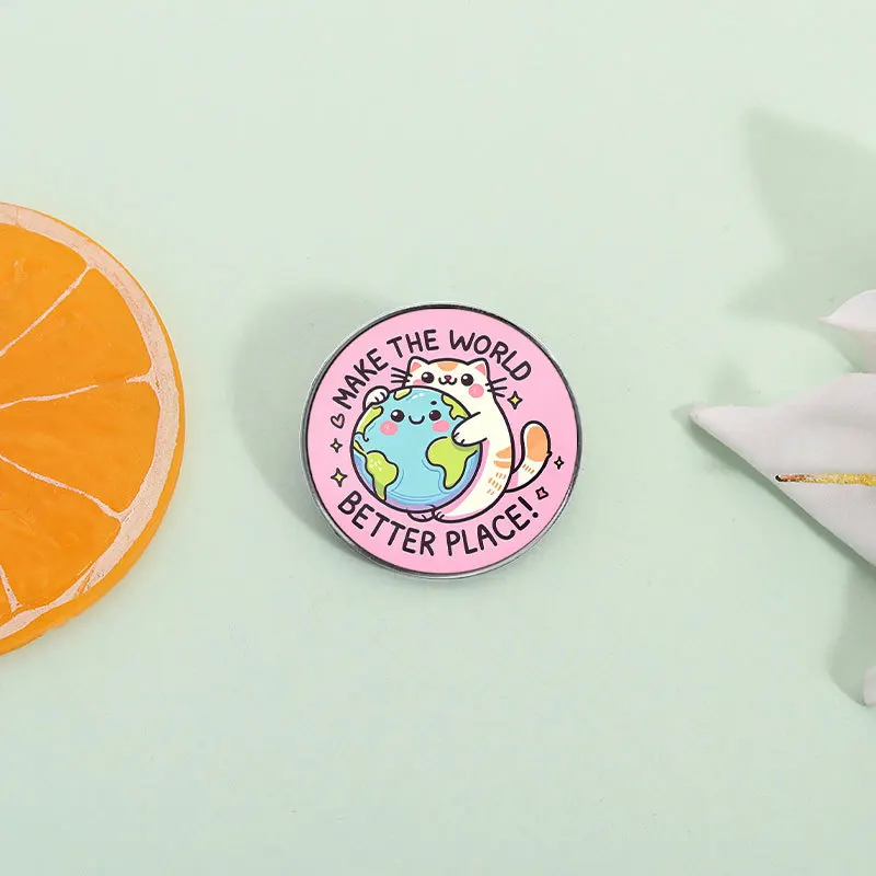 Enamel Pins Cute Cat Hugging Earth Brooch Creative English Environmental Theme Badge Versatile Bag Clothing Accessories Pin