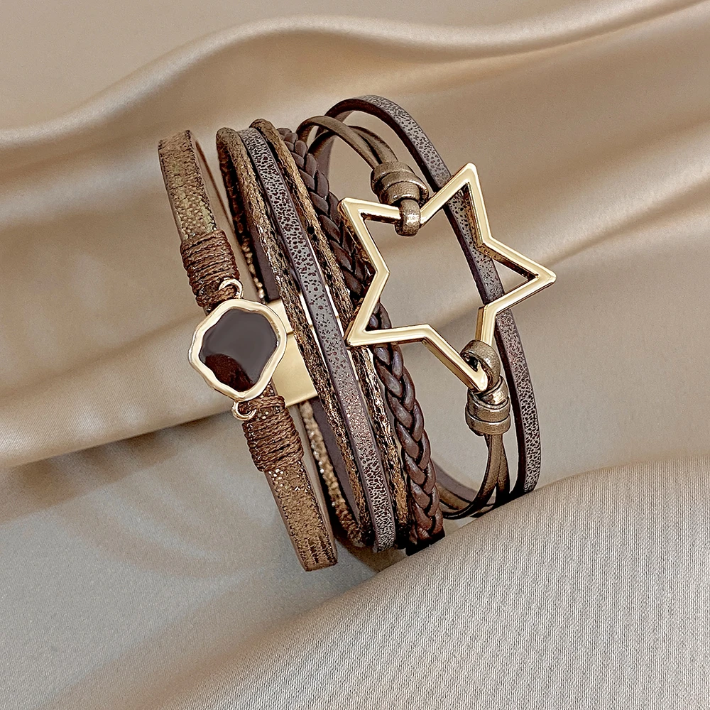 ALLYES Vintage Armband aus gewebtem Leder mit ausgehöhltem Stern für Damen, klobiges Boho-Mehrschicht-Armband, breites Wickelarmband, Charm-Schmuck – Detail 20