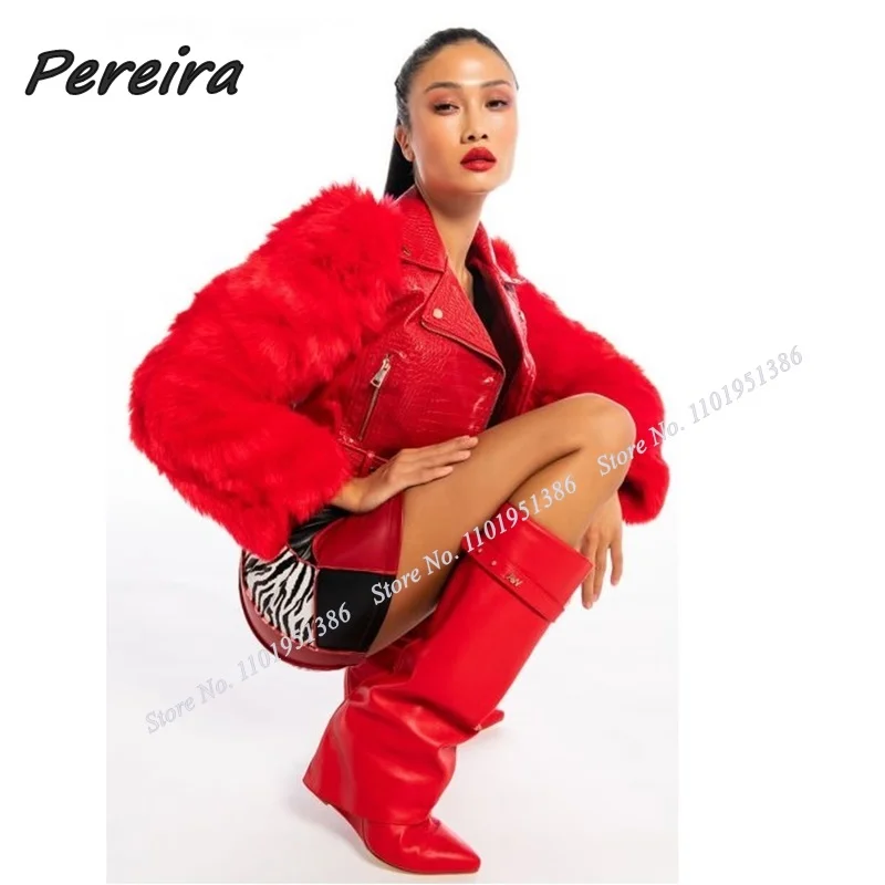 

Pereira Red Knee High Shark Boots Buckle Decor Wedges High Heels Shoes for Women Solid Botas Fashion Runway Shoes on Heels