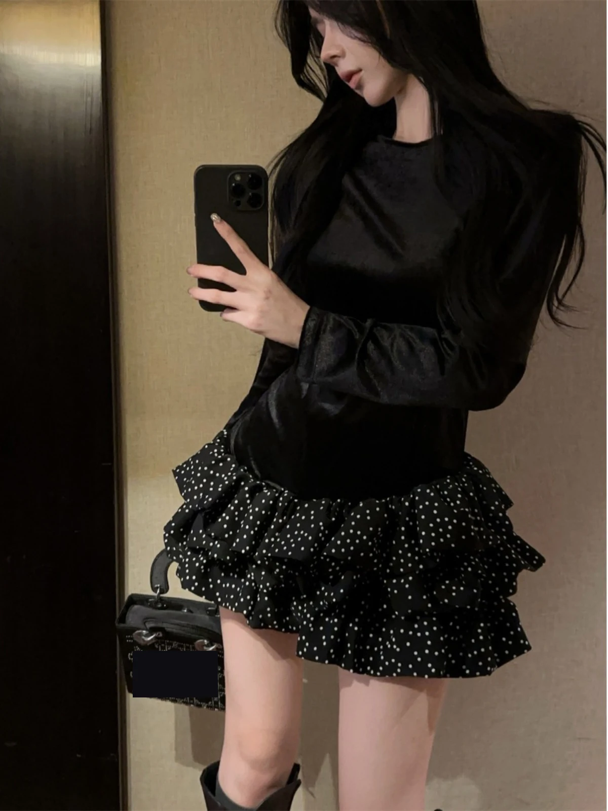 New Splicing Design Velvet Long Sleeve Cake Dress Spring Autumn O-neck Slimming Fit Wave Point Lotus Leaf Edge Short Dresses