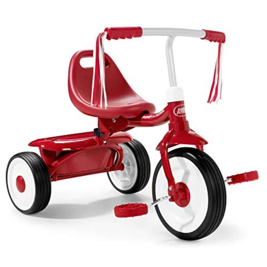 

Детский трехколесный велосипед Radio Flyer с откидной рамой и корзиной для хранения, складной, красный, легкий алюминиевый каркас, безопасные нескользящие шины, Easy A