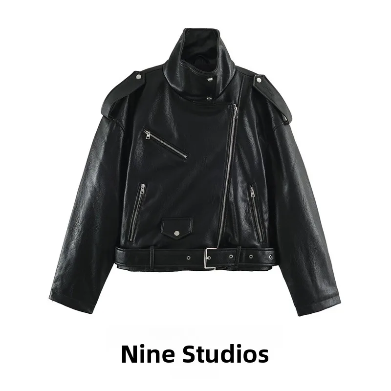 Loose Long Sleeve Faux Leather Jacket Women's Fashion Outerwear Versatile Leather Coat Short Style Zipper Closure 3046276