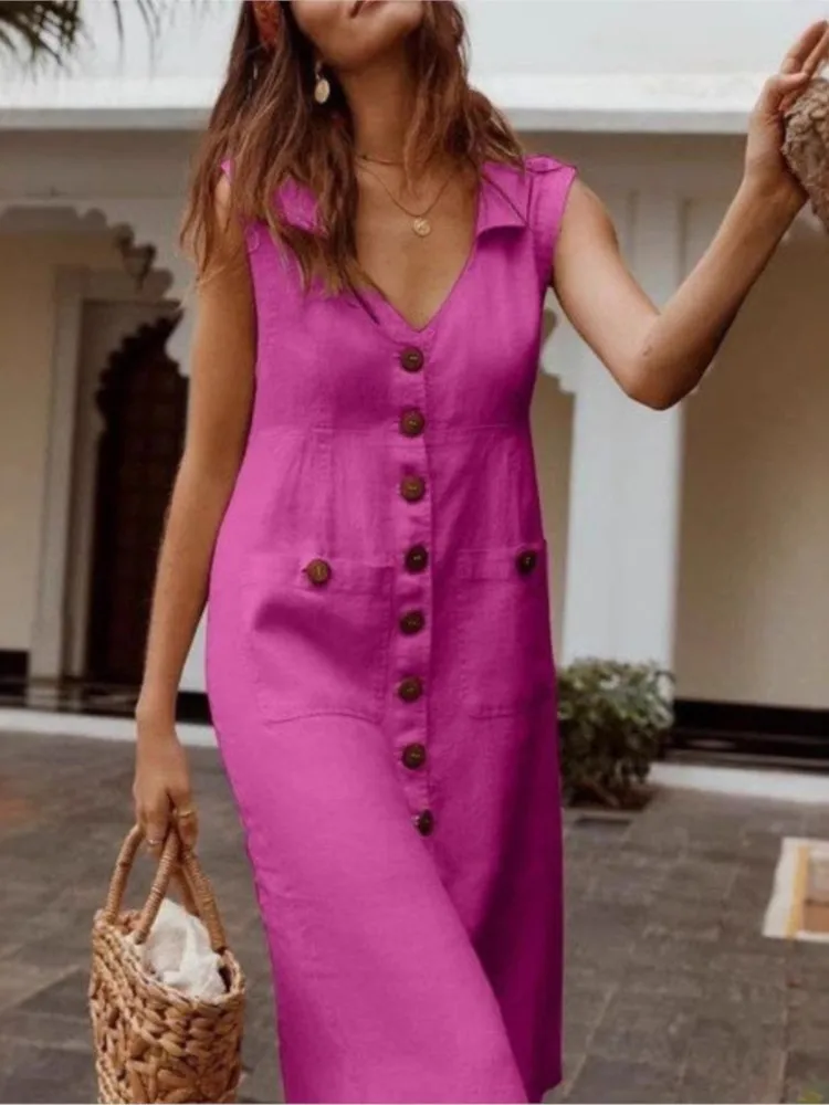 

Summer Casual Vestidos 2026 Woman Dress Vestido Dresses Simple Style Temperament Pastoral Style V-link Solid Color Comfortable