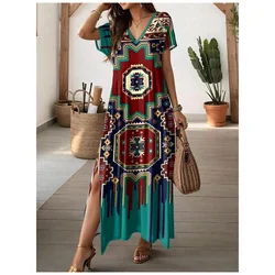 Dresses For Women Fashion V-Neck Long Dress Daily Short Sleeve Woman Skirt Bohemian Style Slit Dresses Summer Woman Clothing