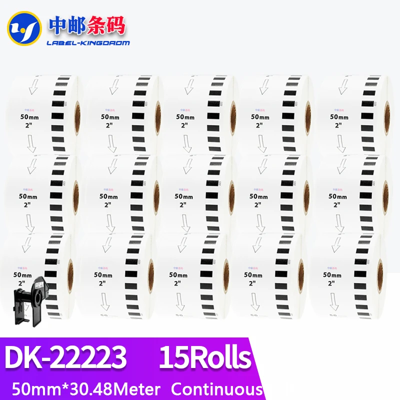 15 Refill Rolls Generic DK-22223 Label 50mm*30.48M Continuous Compatible for Brother Thermal Printer White Color DK-2223 DK22223