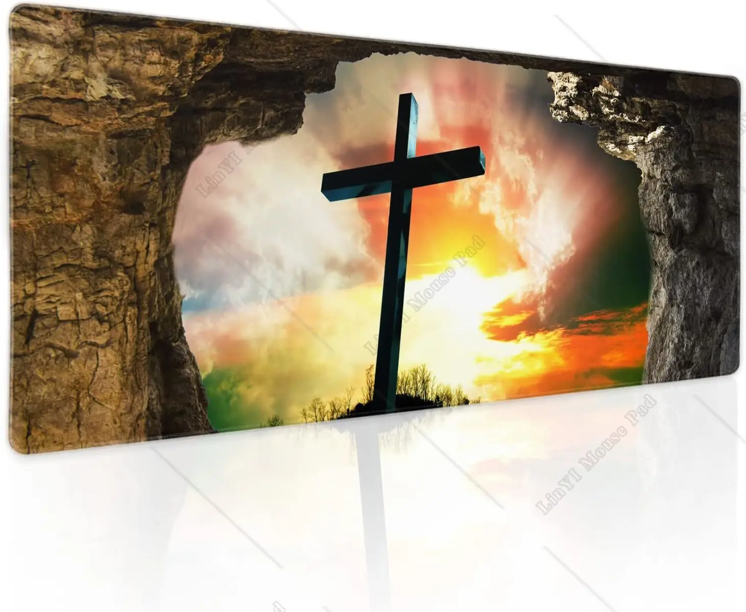 Jesus Cross Hole Gaming Mouse Pad XL Christ Faith Desk Mat Non-Slip Rubber Base Stitched Edge Mousepad for Laptop 31.5×11.8 in