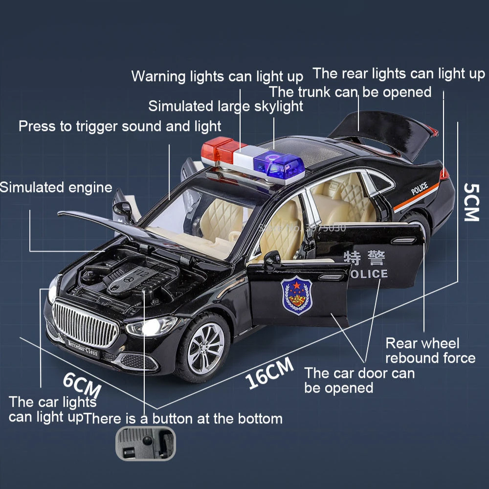 Scale 1:32 Mercedes-Benz S680 Police Car Model Toy Alloy Diecast Doors Opened Sound Light Pull Back Models Collection Kids Gifts