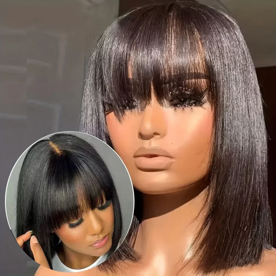 Cheap Short Straight Bob Human Hair Wigs With Bang 3x1 Lace Middle Part Wigs Brazilian Remy Bob Wig For Black Women