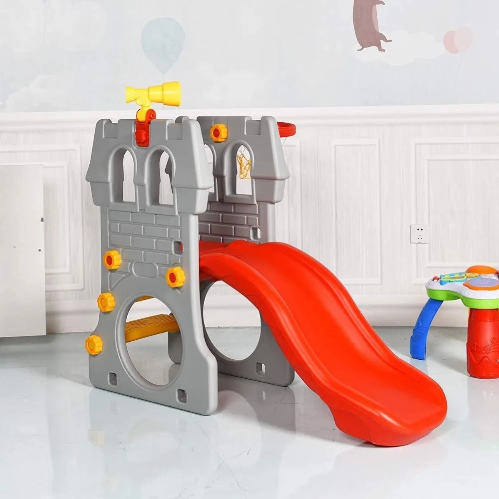 

Toddler Slide, 5 in 1 Kids Climber Slide Playset w/Basketball Hoop, Telescope, Crawl Through Space, Easy Climb Stairs, Fr