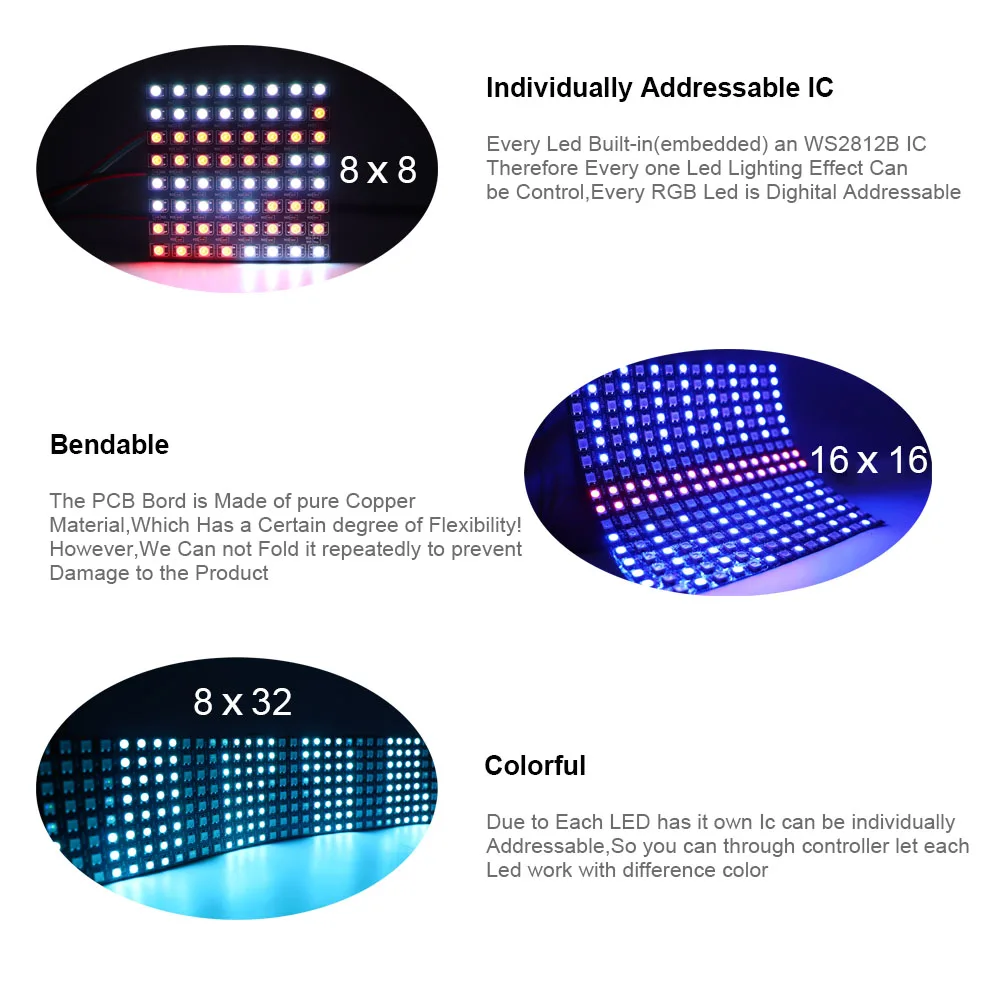 8x8 16x16 8x32 moduł WS2812B RGB LED cyfrowy elastyczny indywidualnie adresowalny Panel WS2812 ekran matrycy światła DC5V