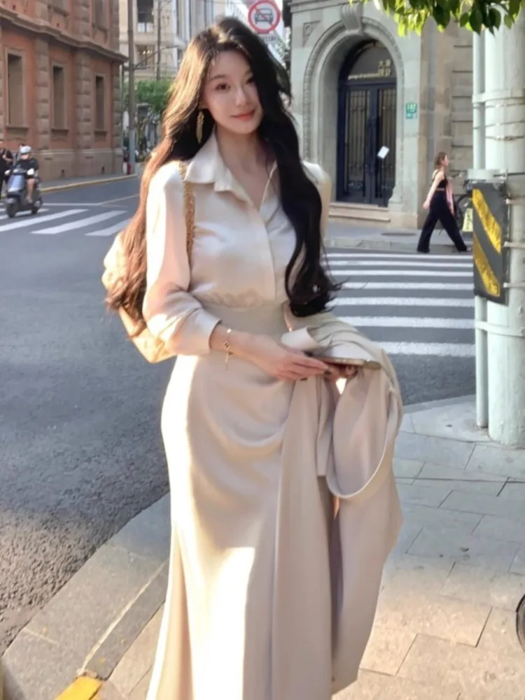 Korean Elegant Solid 2-piece Skirt Set for Women Long Sleeve Shirt Slim Waist Midi Mermaid Skirt Fashion Office Lady Clothes New