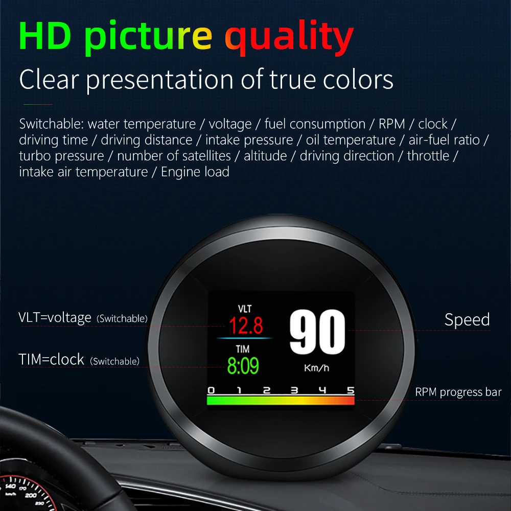 Geyiren P11 On-board Computer Car OBD2 GPS Head Up Display OBD HUD Gauge Auto Display Water&Oil Temperature Turbo Pressure Meter