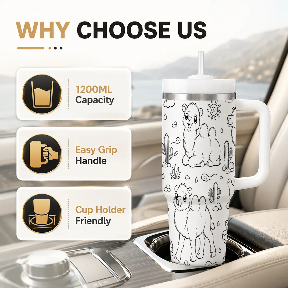 Cute Camel Vintage Desert Animal Style Vacuum Flasks 40oz Leakproof Steel Tumbler w/ Lid Straw Handle Hot Cold Drinks