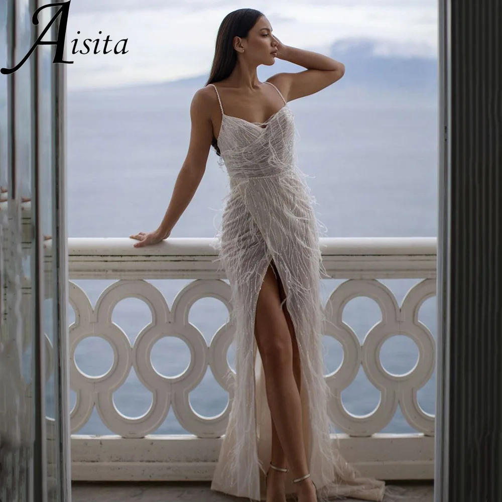 สปาเก็ตตี้เซ็กซี่สายรัดเงือกชุดแต่งงานเลื่อมที่กําหนดเองชุดเจ้าสาว Feather Side Slit Backless Glitter Vestidos De Novia