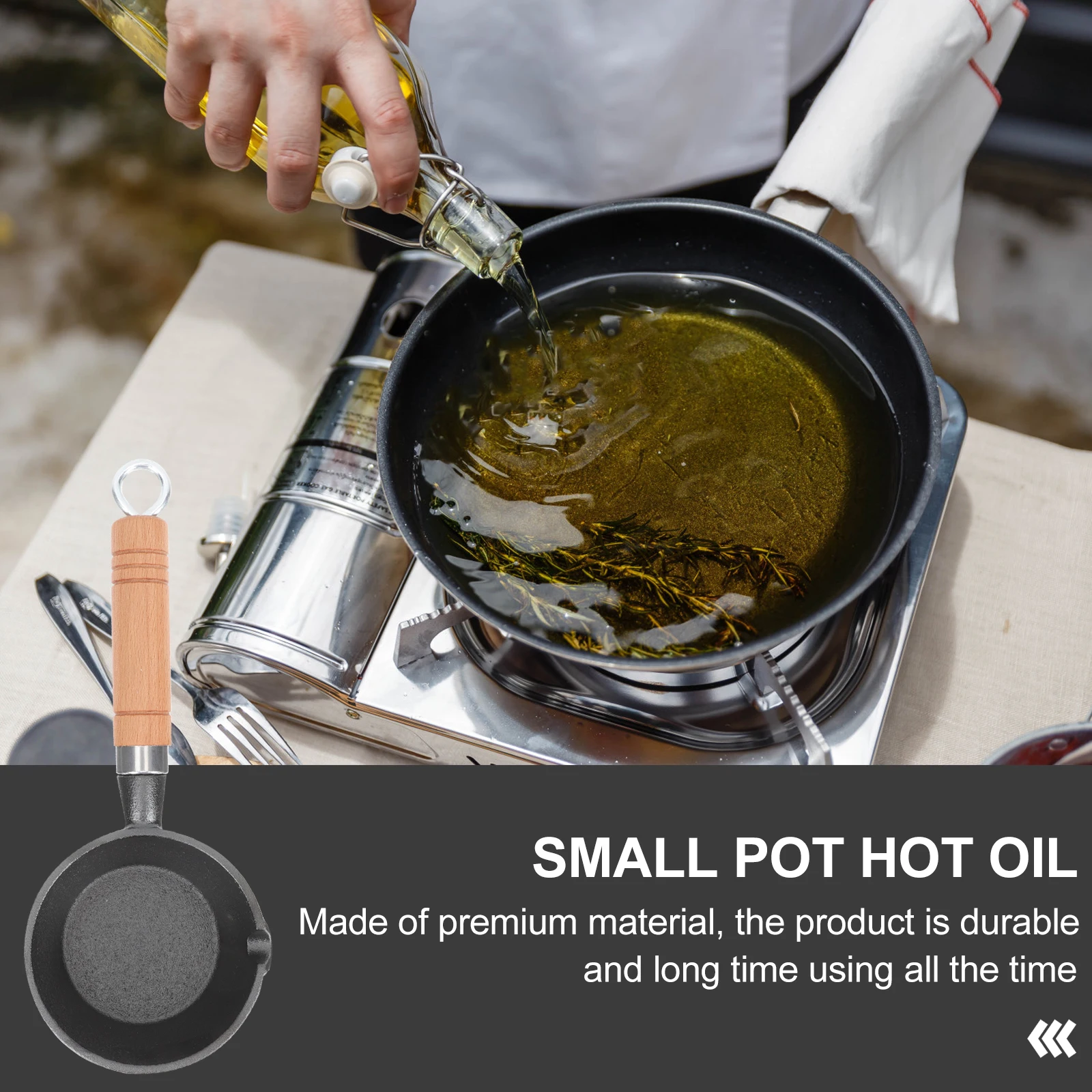 

Small Lightweight Cast Iron Pan Long Handled Oil Heating Pot Nonstick Durable -Functional Frying Pan Ideal for Hiking