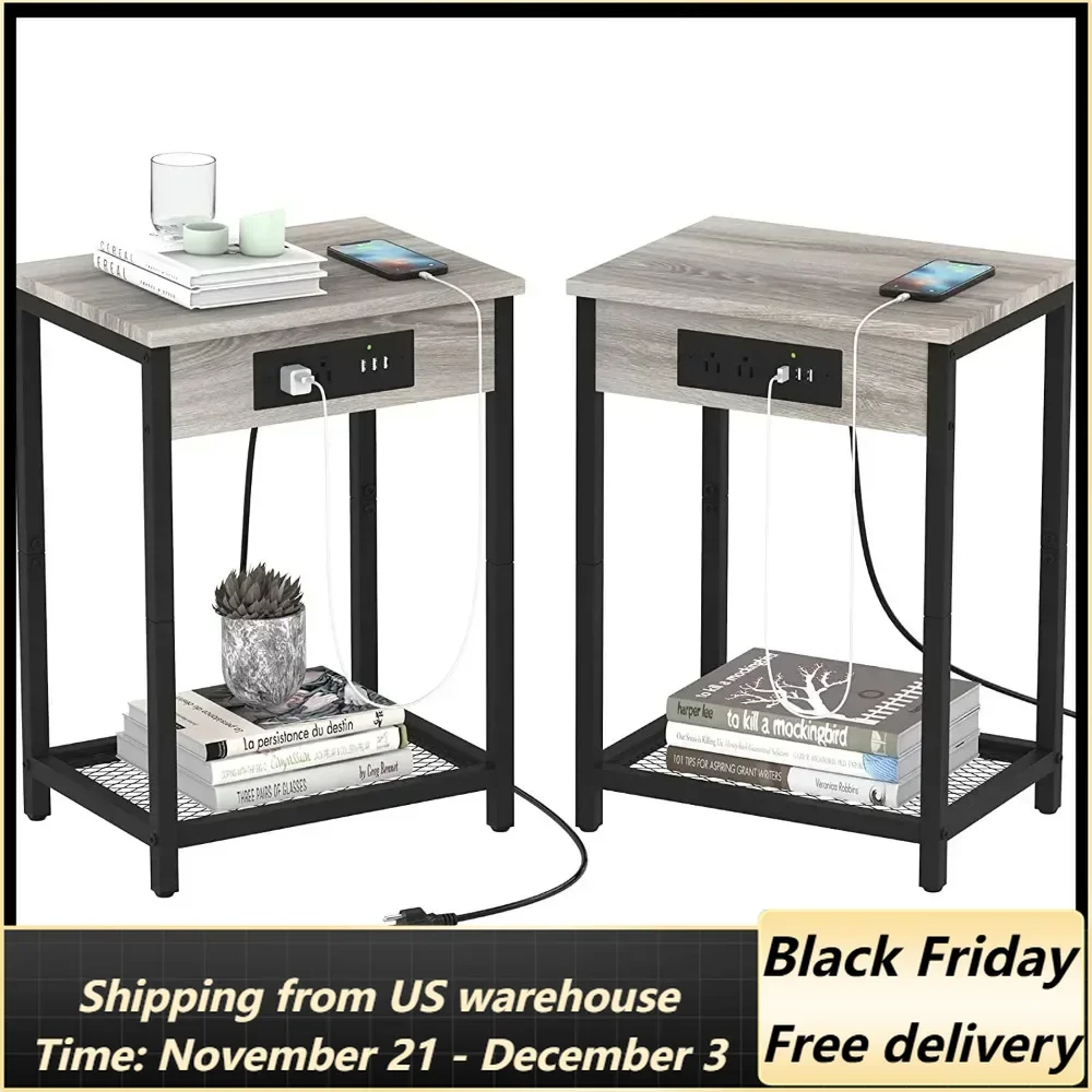 

Nightstand End Table with Charging Station Gray, Set of 2