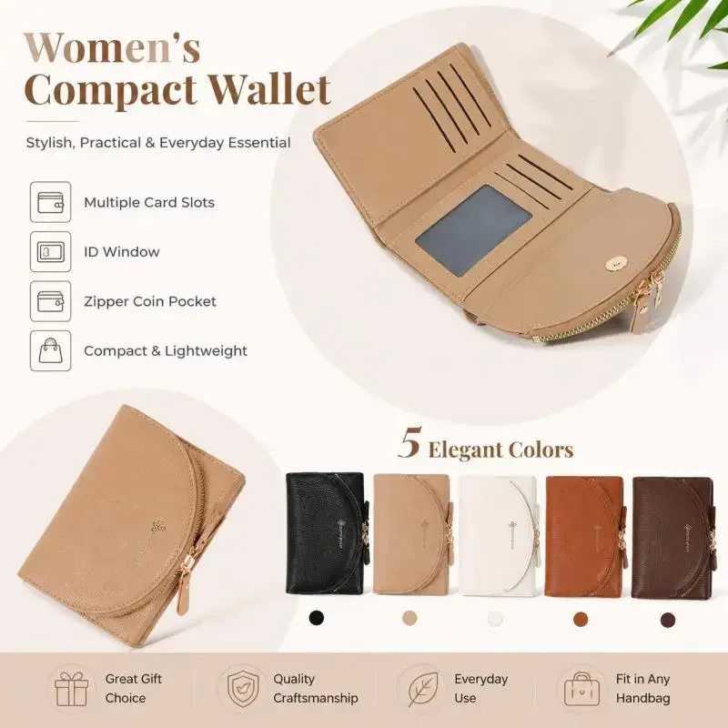 Elegant Women’s PU Leather Wallet Slim Compact Card Holder with Zipper Coin Compartment Multiple Card Slots & ID Window