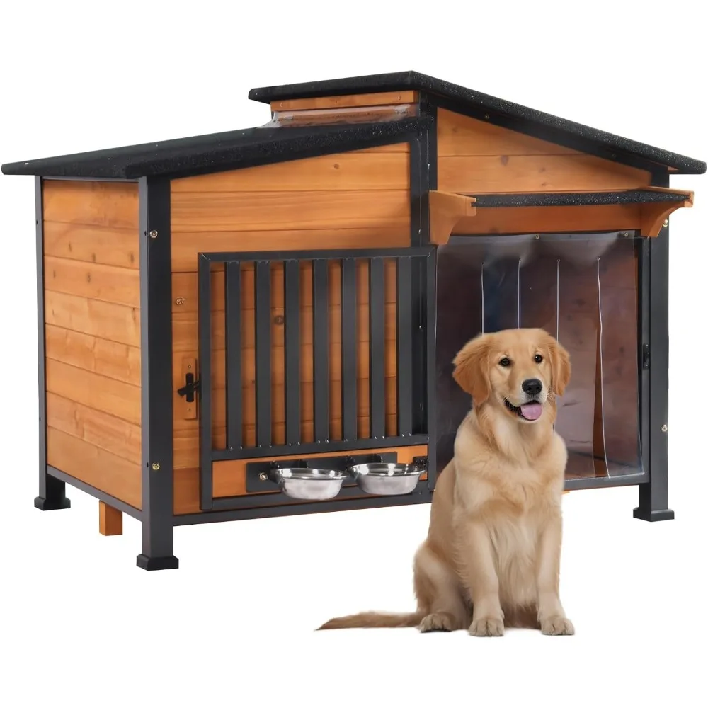 

Dog House with Anti-Chewing Metal Frame Design Wooden Dog Kennel with Unique Design Roof, Weatherproof Dog House for Indoor