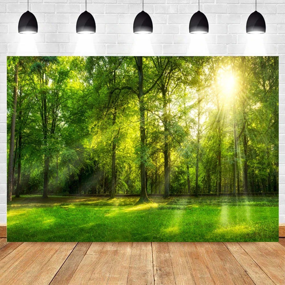 Spring Green Forest Backdrop Trees Grass Land Sunlight Kids Birthday Party Outing Portrait Photography Background Wall Decor