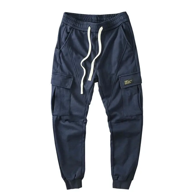 Thick Style Street Casual Men\'s Drawstring Cargo Pants Multiple Pockets New Classic Stickers Handsome Tide All-match Trousers