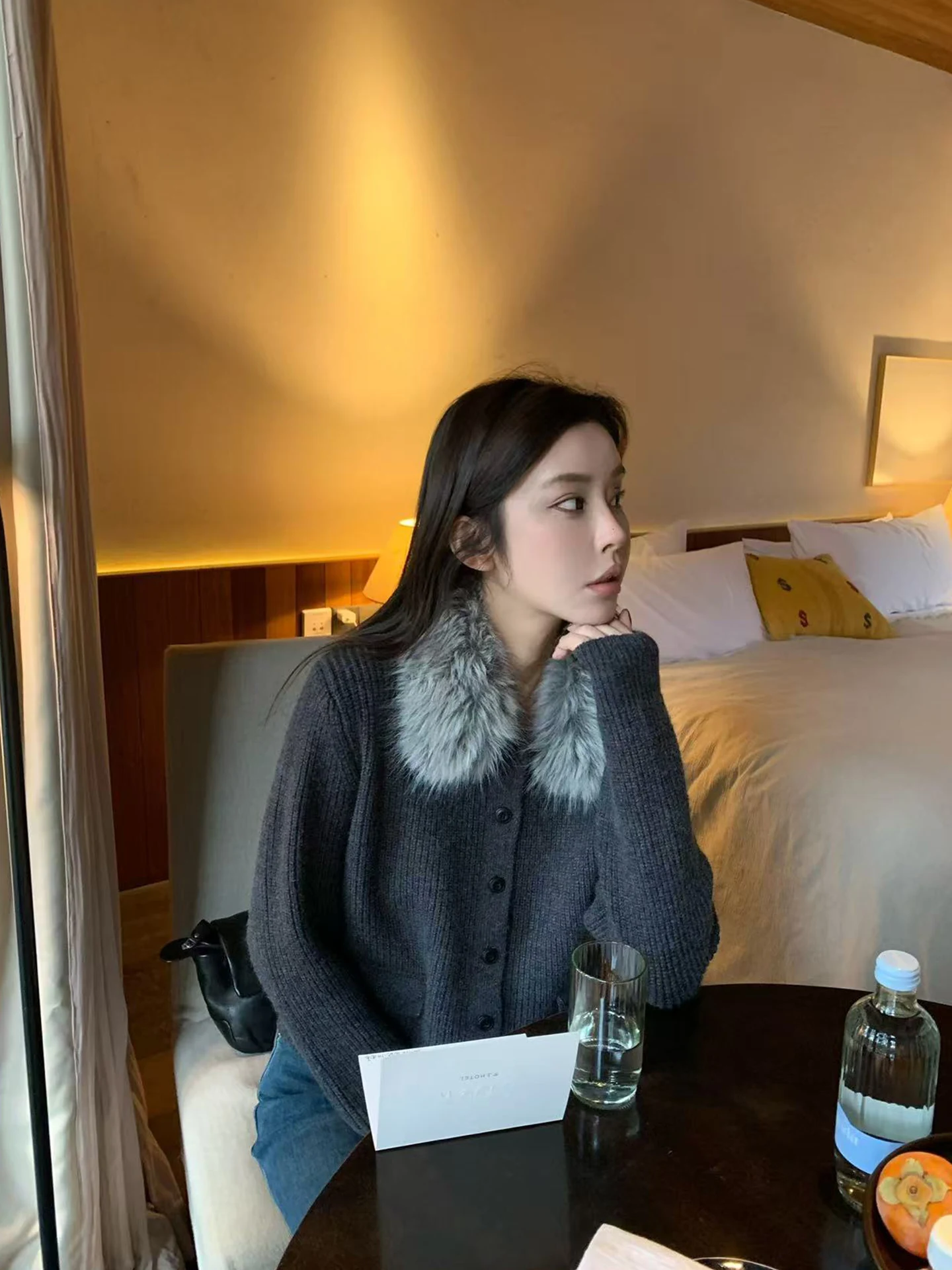 

Вязаный свитер-пальто Sli ex в винтажном стиле с модным съемным меховым воротником, теплый, толстый, длинный, повседневная верхняя одежда