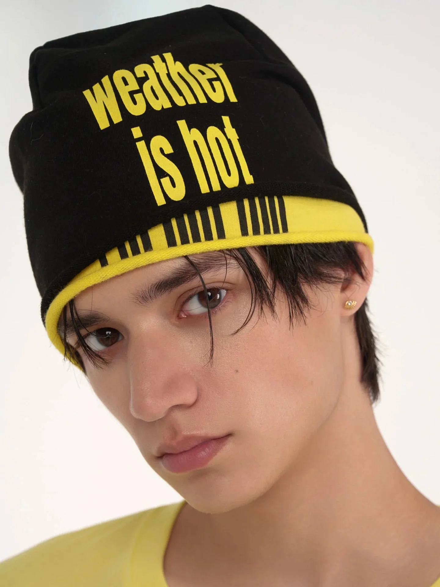 Black Yellow Two Tone Slogan Print Slouchy Beanie Unisex Streetwear Fashion Casual Knit Skull Cap Hat